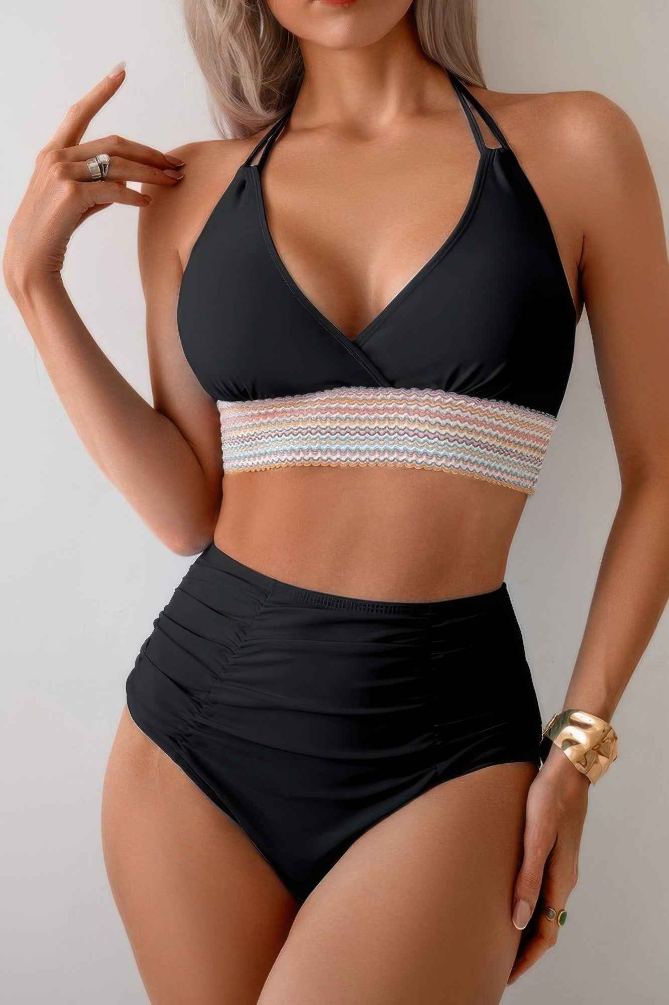 Two Pieces Elastic Band Halter Ruched Bikini