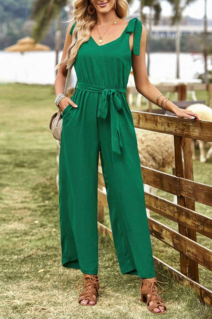Solid Belt V Neck Wide Leg Fit Jumpsuit