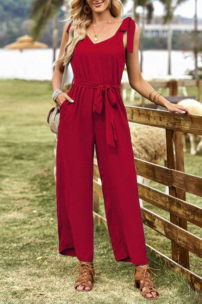Solid Belt V Neck Wide Leg Fit Jumpsuit