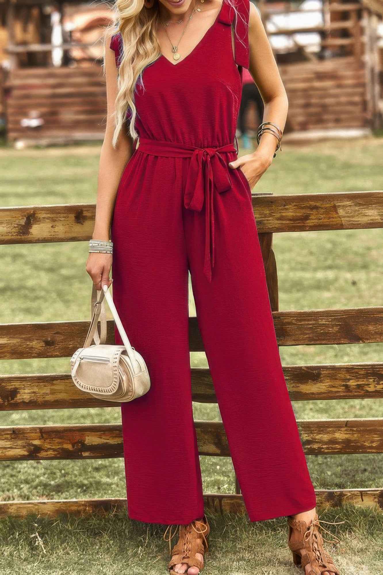 Solid Belt V Neck Wide Leg Fit Jumpsuit