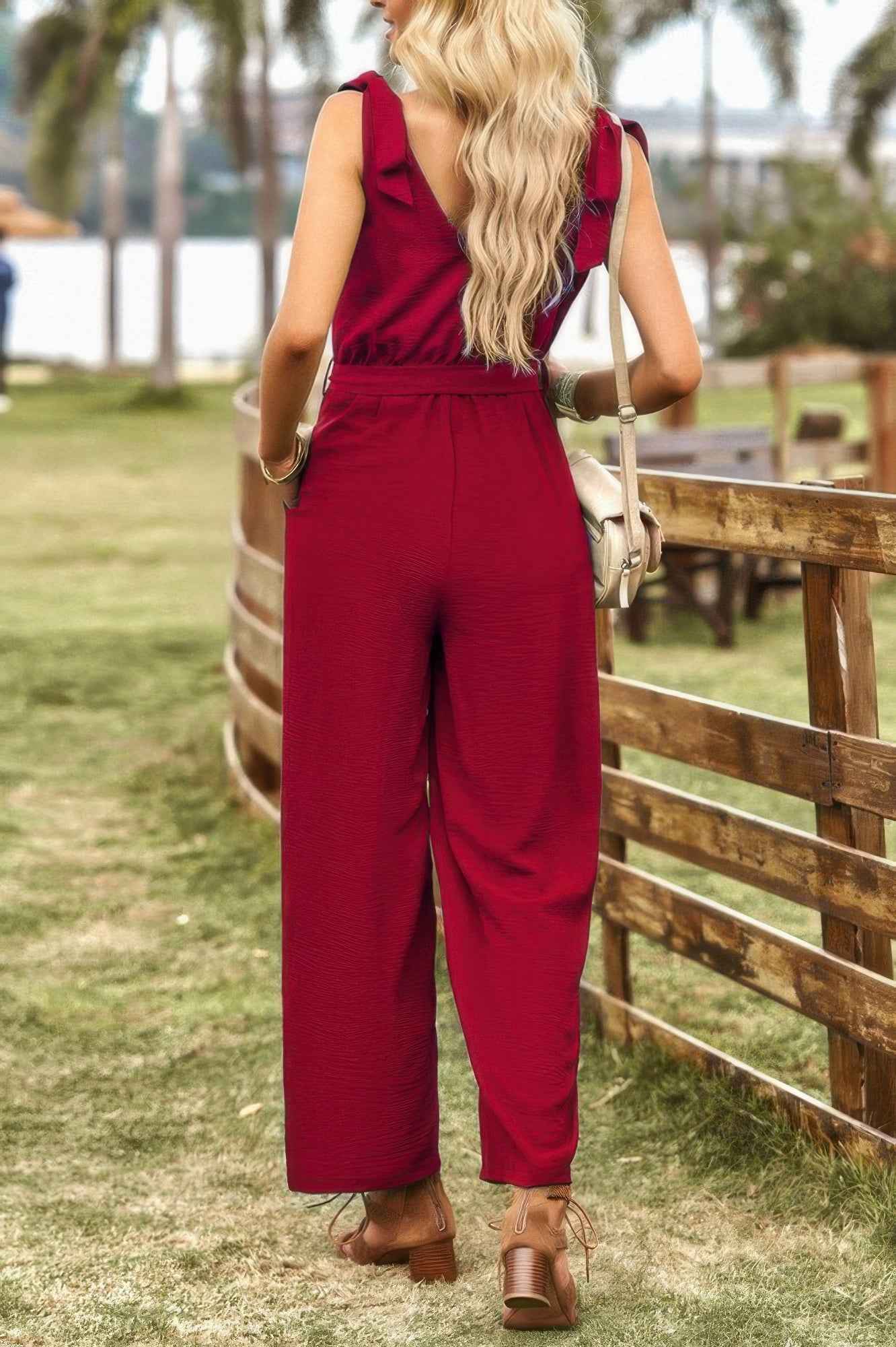Solid Belt V Neck Wide Leg Fit Jumpsuit