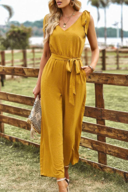 Solid Belt V Neck Wide Leg Fit Jumpsuit