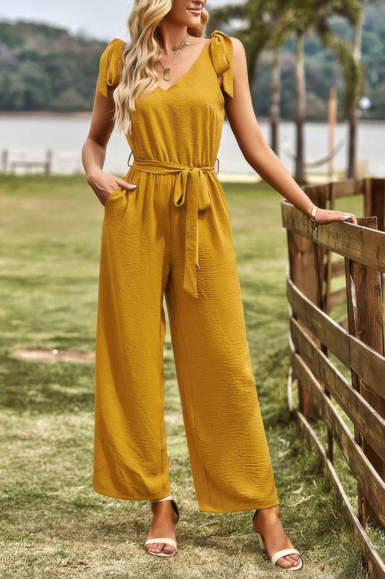 Solid Belt V Neck Wide Leg Fit Jumpsuit