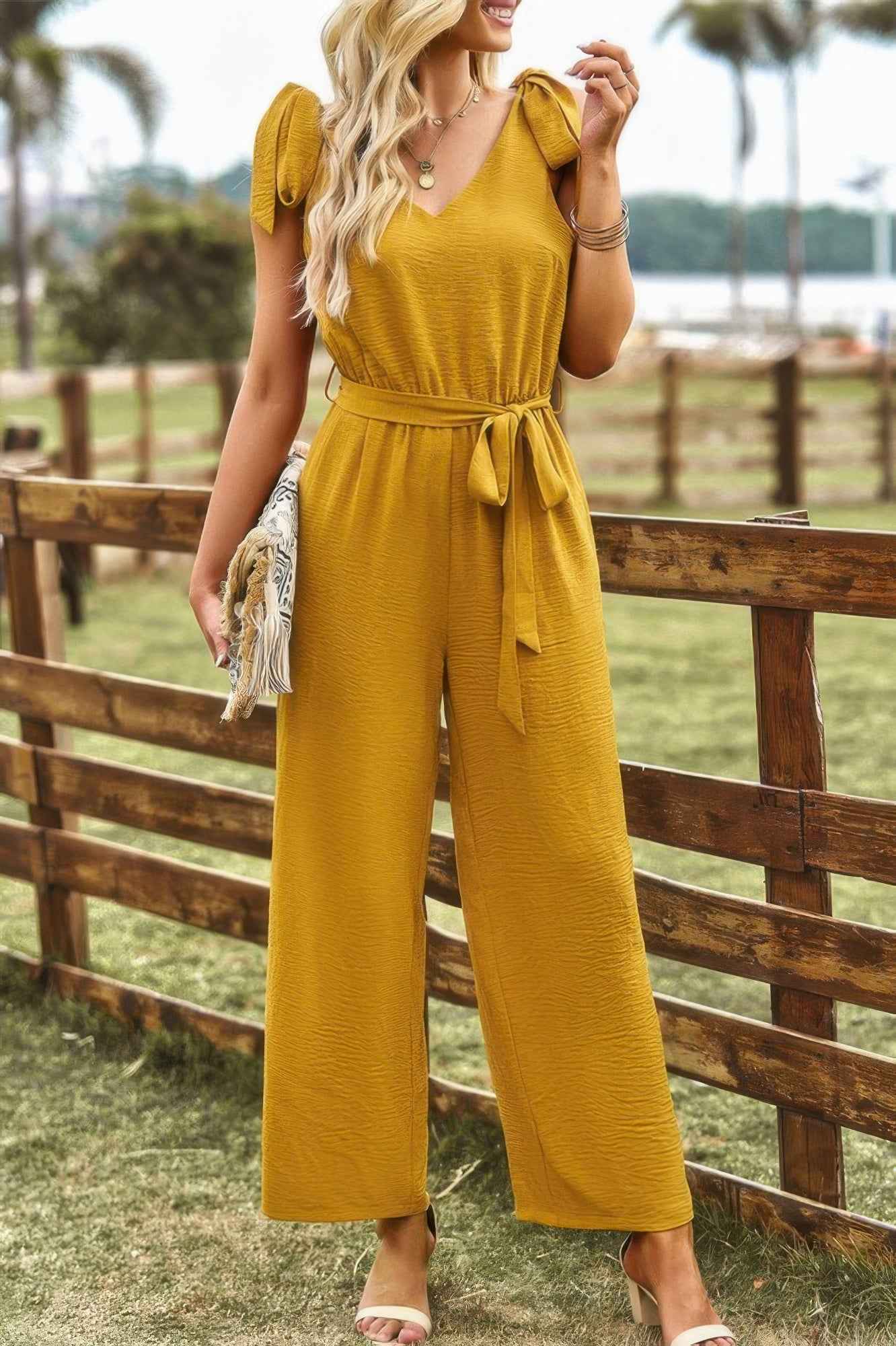Solid Belt V Neck Wide Leg Fit Jumpsuit