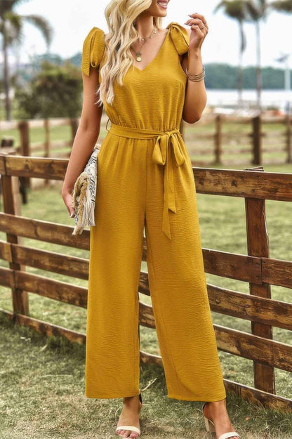 Solid Belt V Neck Wide Leg Fit Jumpsuit