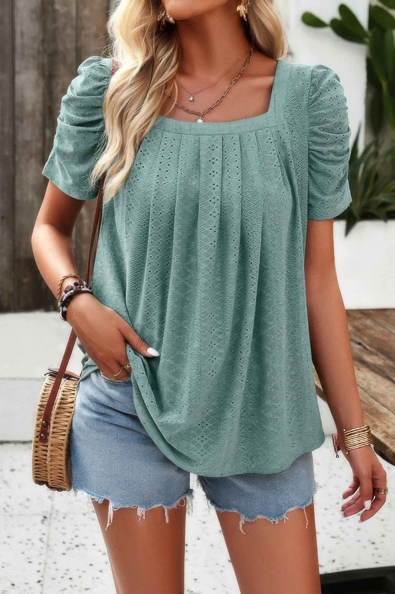 Square Neck Puff Sleeve Tunic Tops Eyelet Shirt