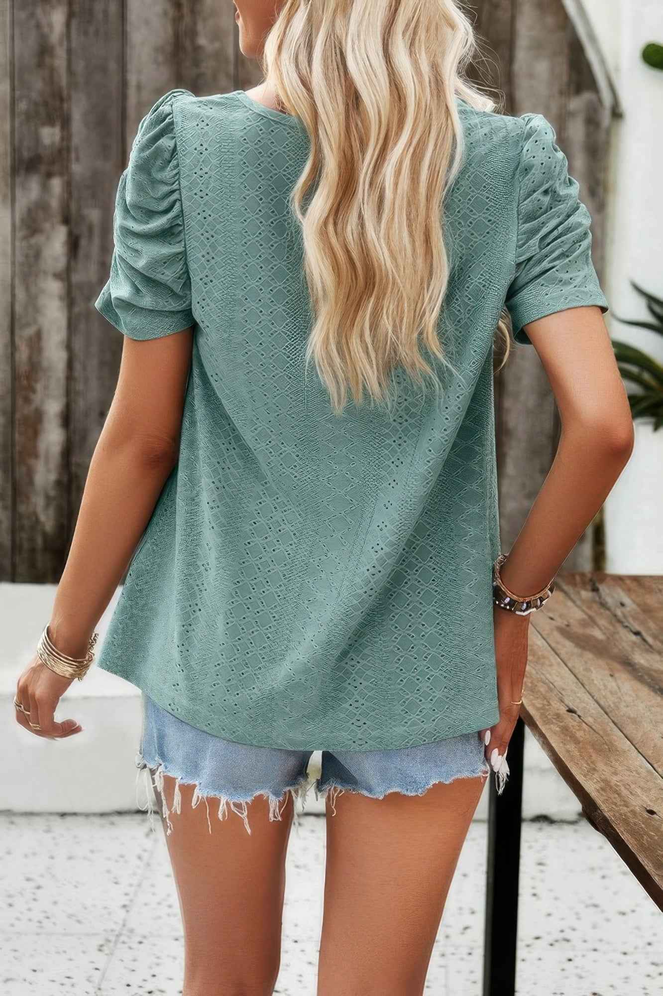Square Neck Puff Sleeve Tunic Tops Eyelet Shirt