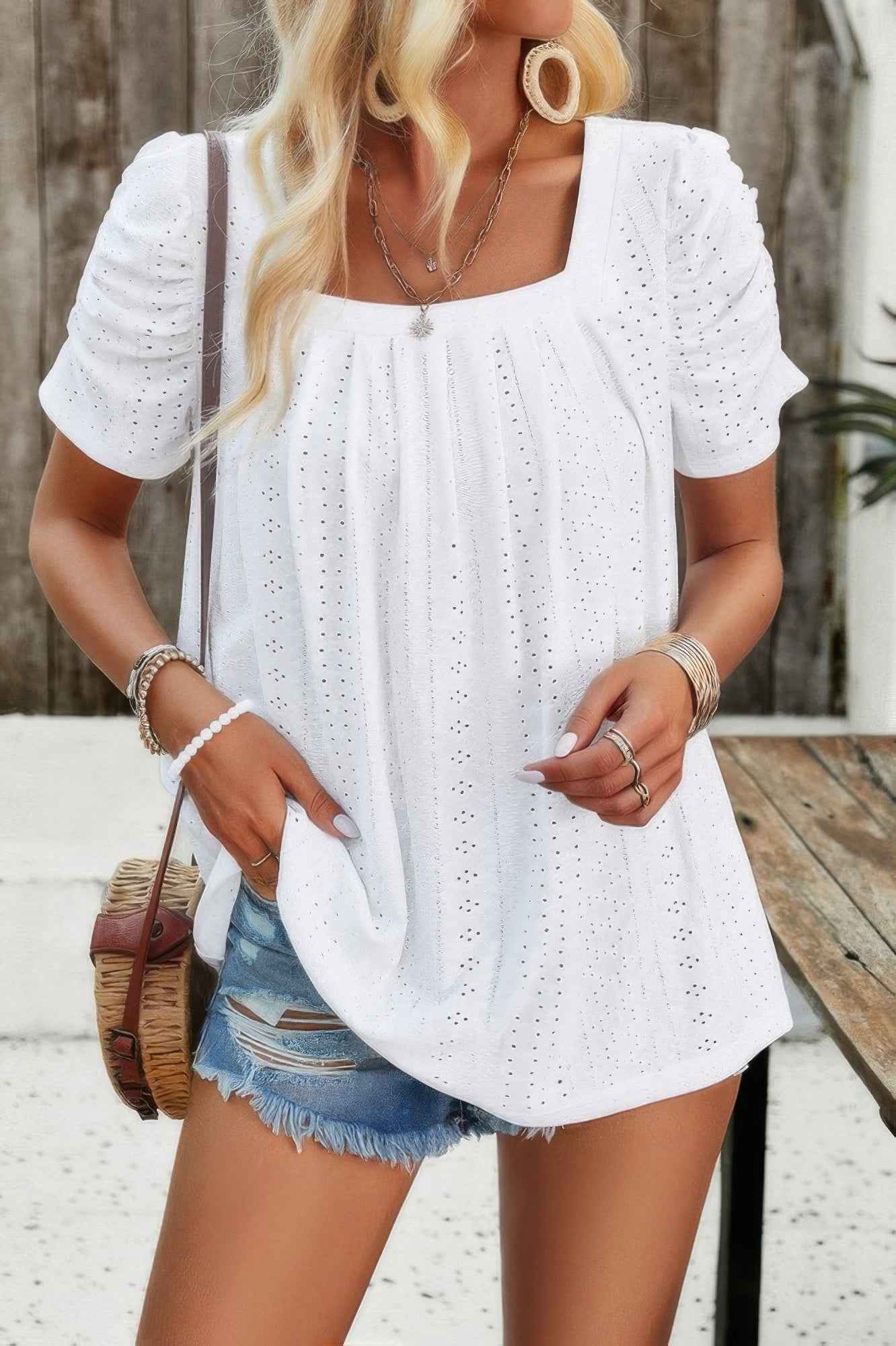 Square Neck Puff Sleeve Tunic Tops Eyelet Shirt