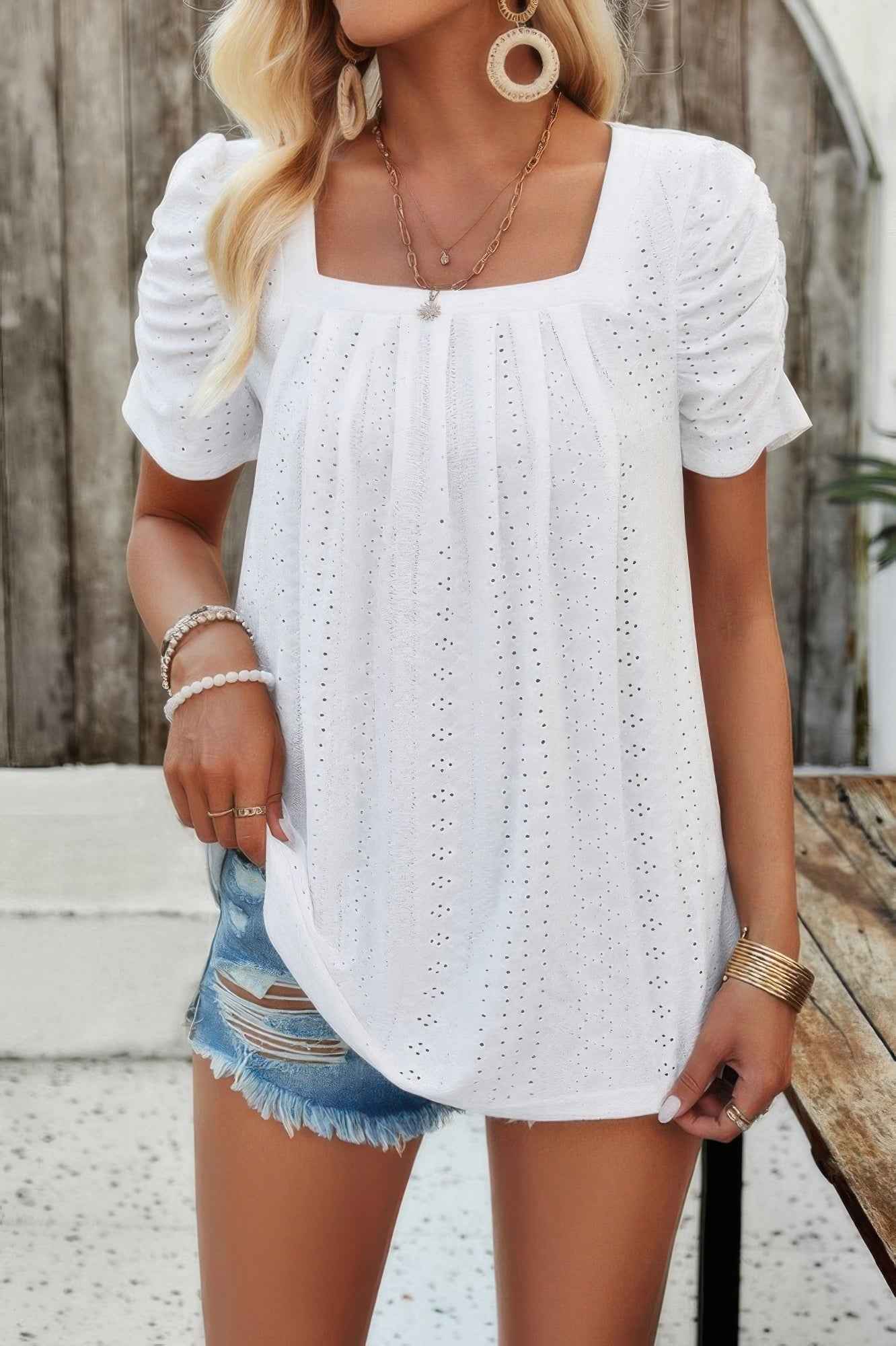 Square Neck Puff Sleeve Tunic Tops Eyelet Shirt