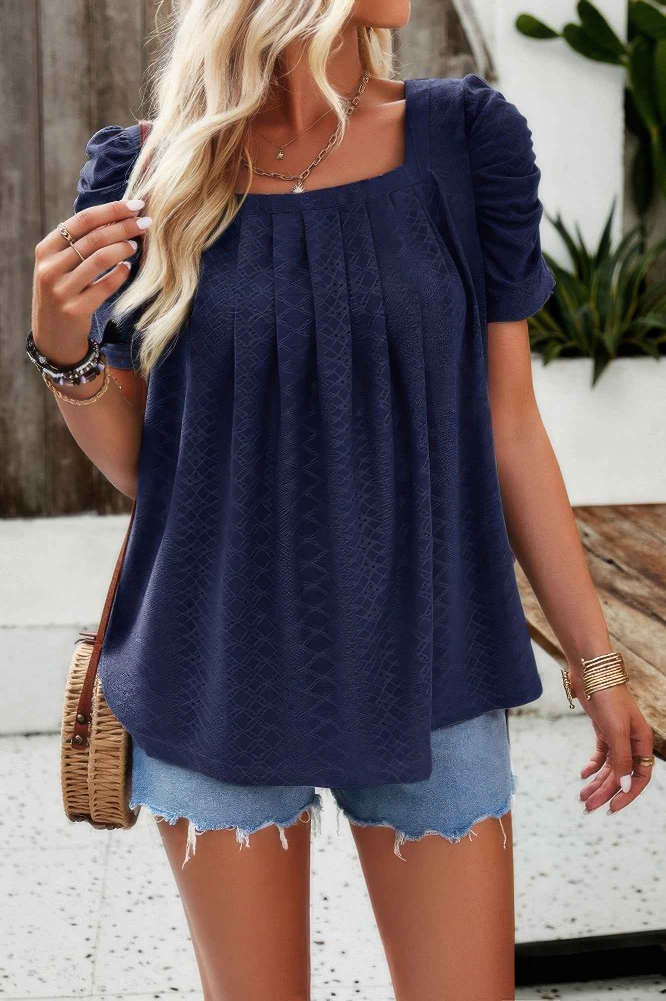 Square Neck Puff Sleeve Tunic Tops Eyelet Shirt