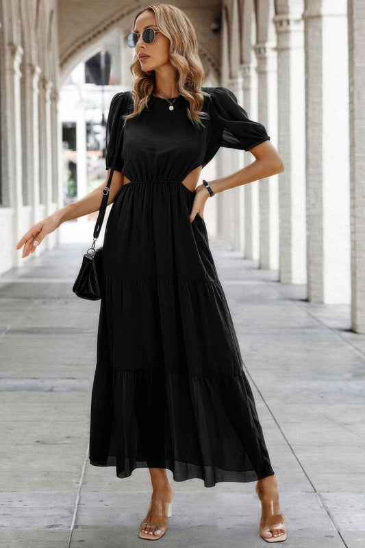 Cut Out Waist Ruffle Hem Puff Sleeves Fit Dress