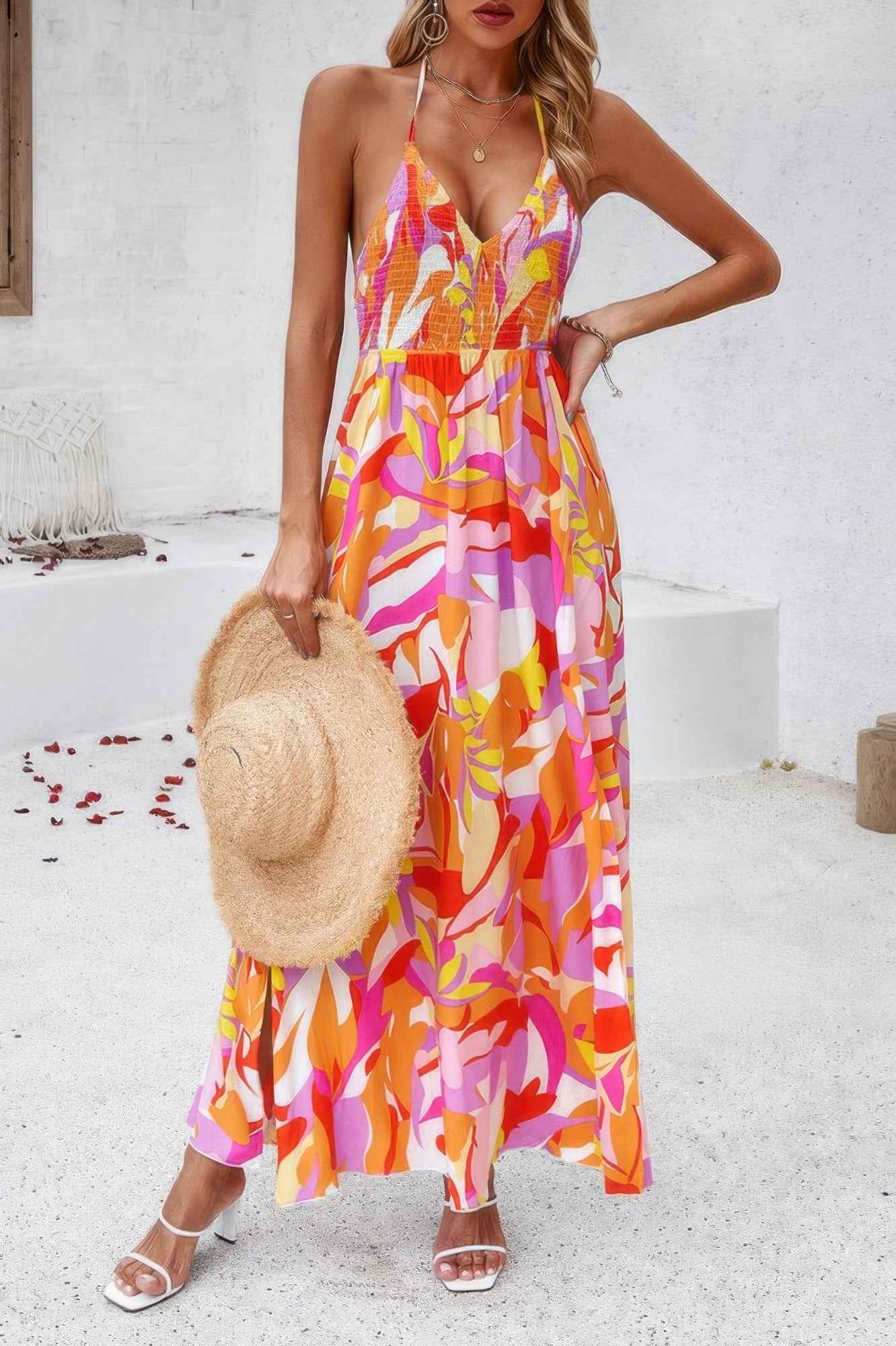 Floral Boho Tie Sleeveless High Waist Maxi Dress