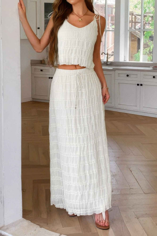 Solid Two Piece Strappy Maxi Skirt Crop Top Set