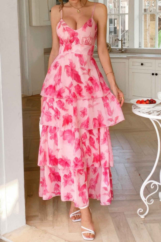 Straps Floral Print V Neck Patchwork Full Dress