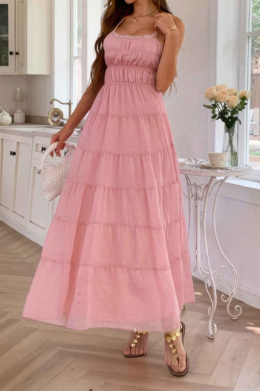 Solid Halter Ruched Textured Tiered Full Dress