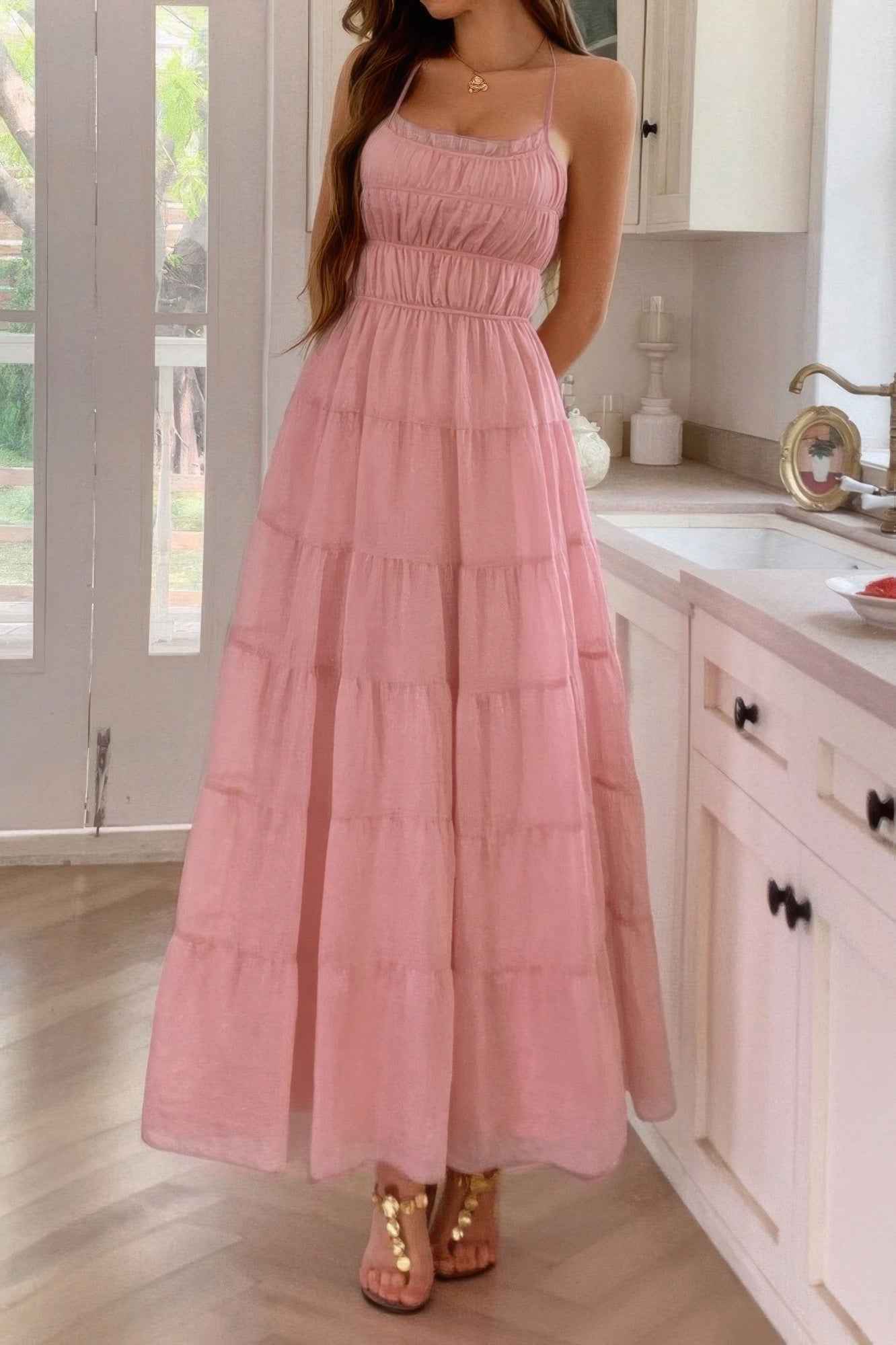 Solid Halter Ruched Textured Tiered Full Dress