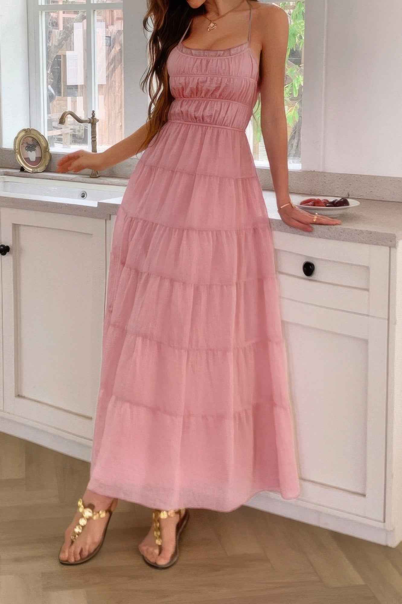 Solid Halter Ruched Textured Tiered Full Dress