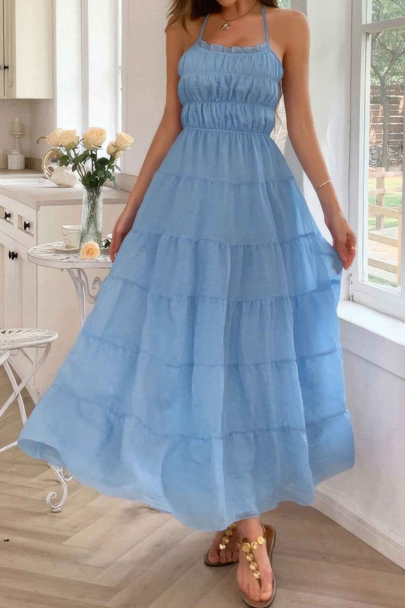 Solid Halter Ruched Textured Tiered Full Dress