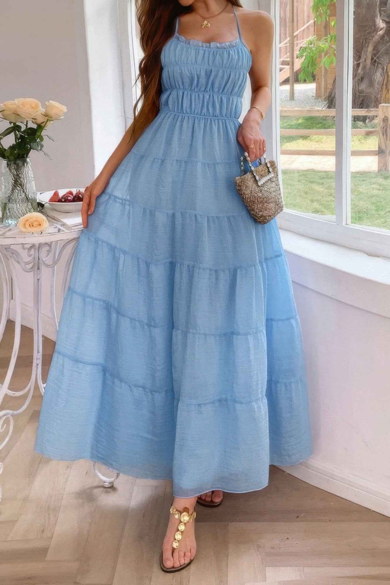 Solid Halter Ruched Textured Tiered Full Dress