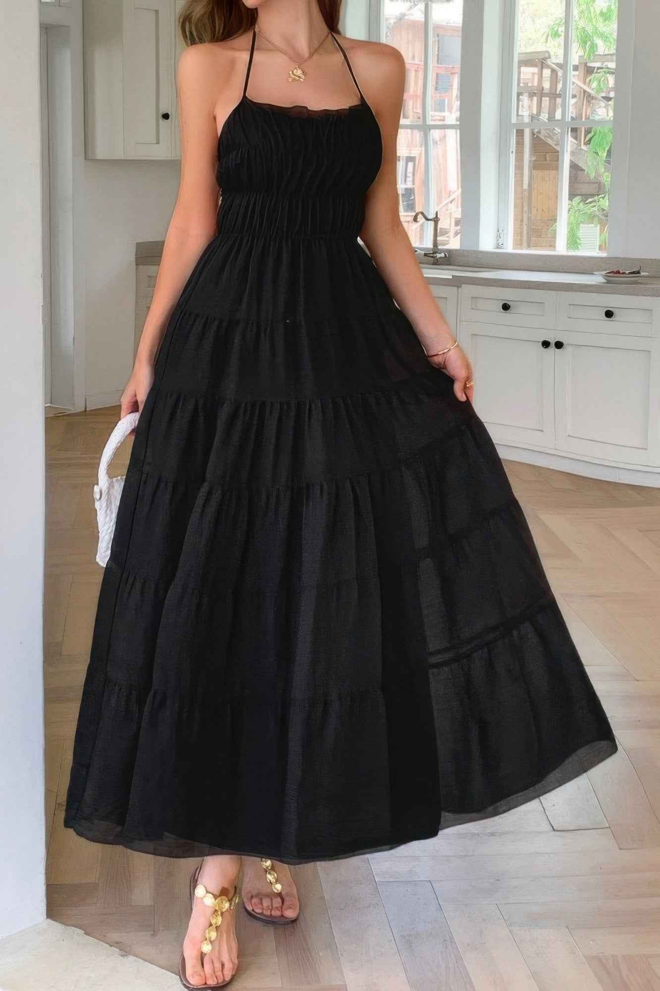 Solid Halter Ruched Textured Tiered Full Dress