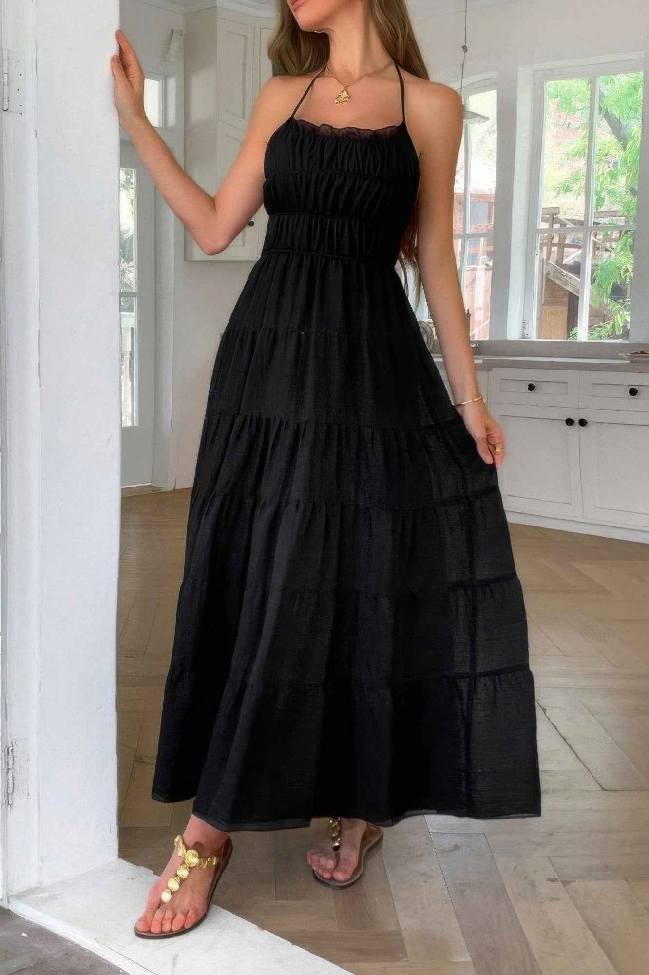 Solid Halter Ruched Textured Tiered Full Dress