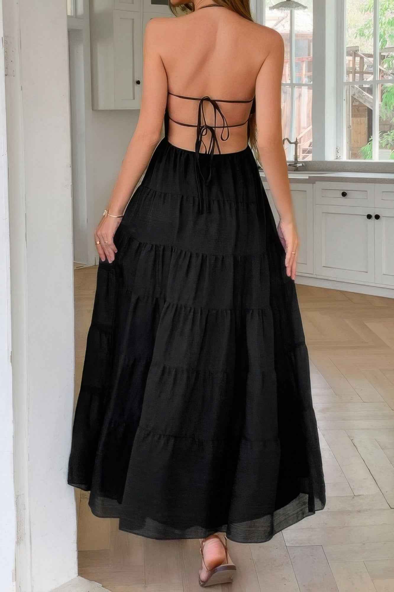 Solid Halter Ruched Textured Tiered Full Dress
