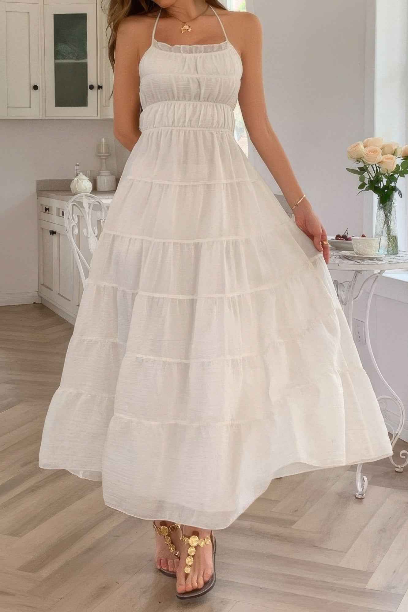 Solid Halter Ruched Textured Tiered Full Dress
