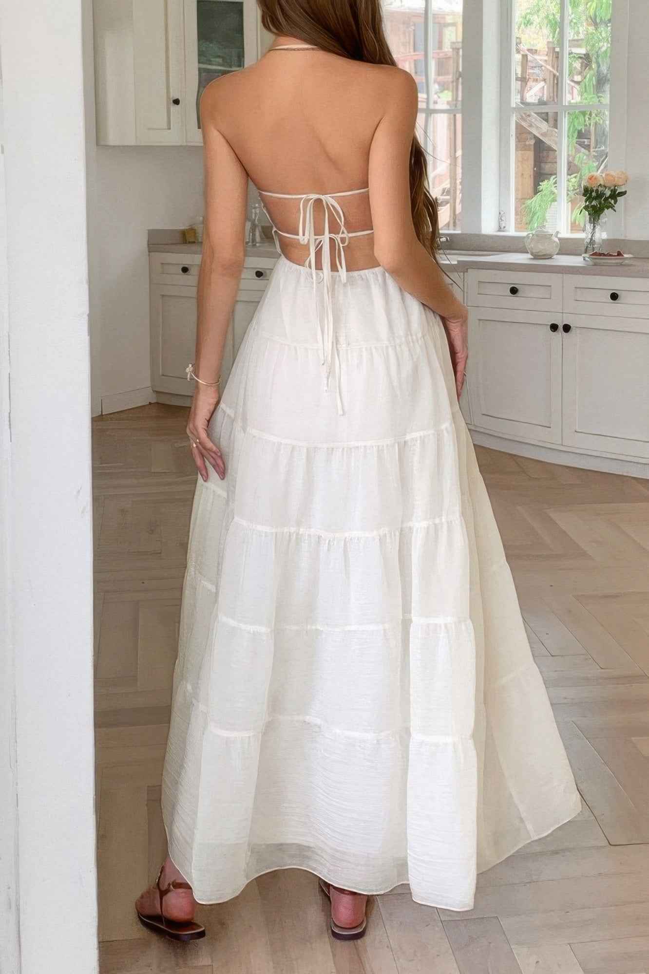 Solid Halter Ruched Textured Tiered Full Dress