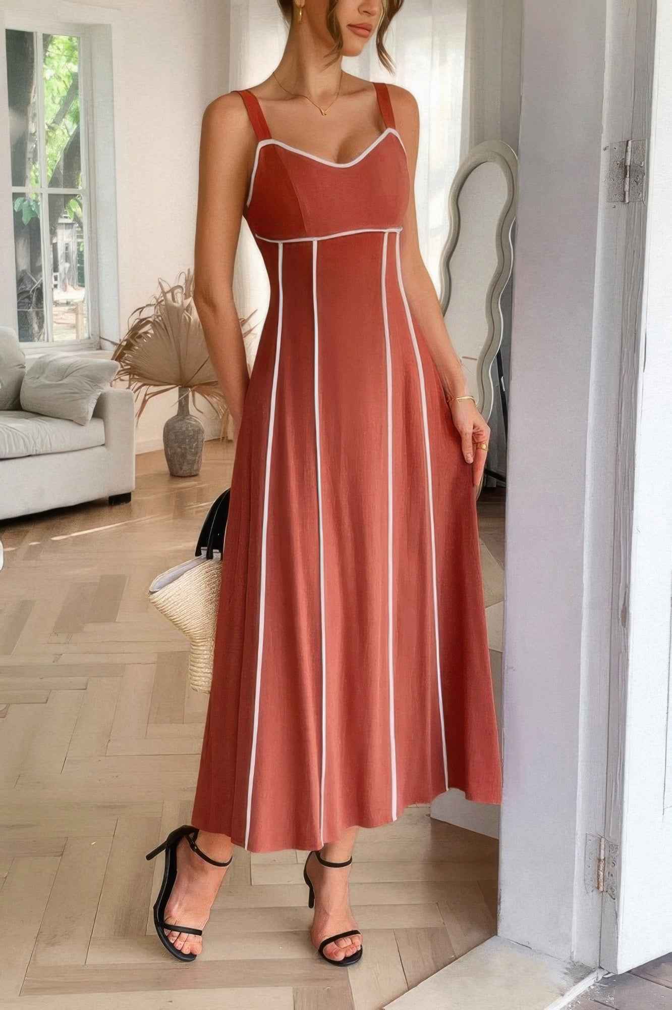 Strip Contrast Binding Linen Blend Cami Dress