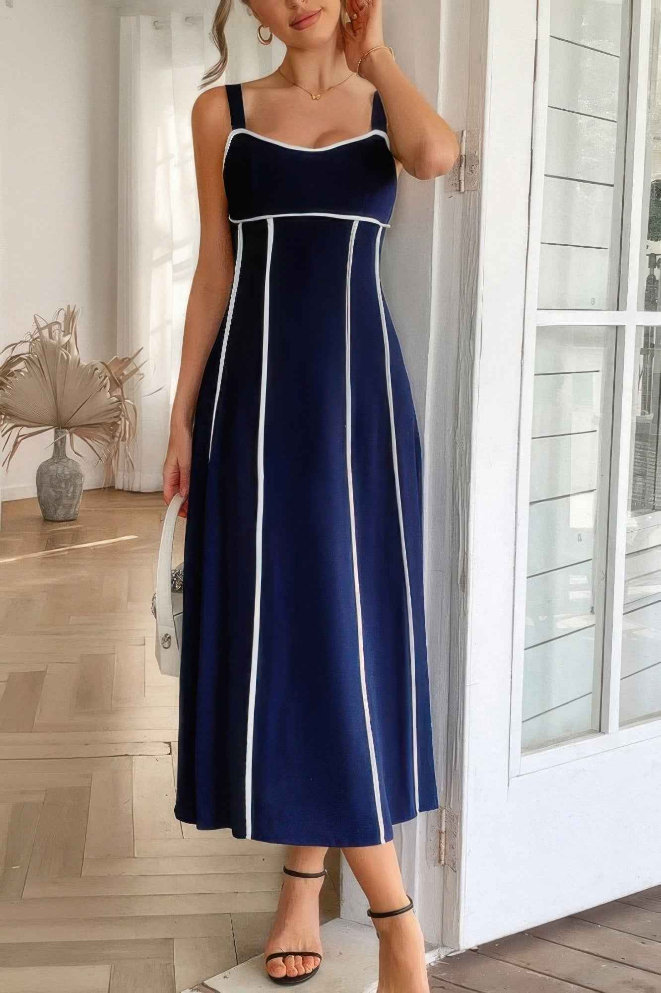 Strip Contrast Binding Linen Blend Cami Dress