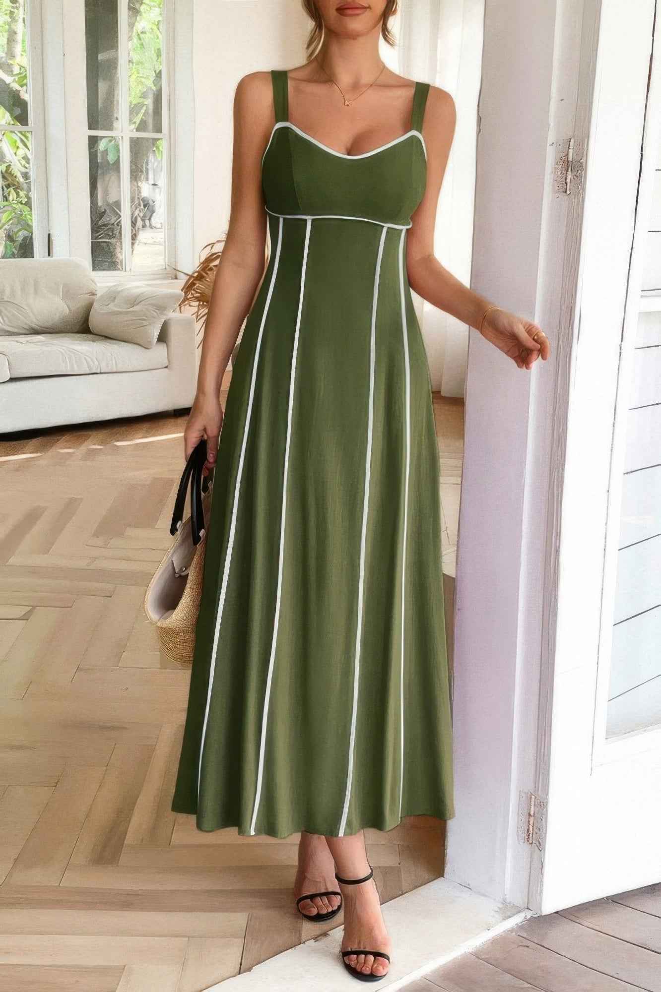 Strip Contrast Binding Linen Blend Cami Dress