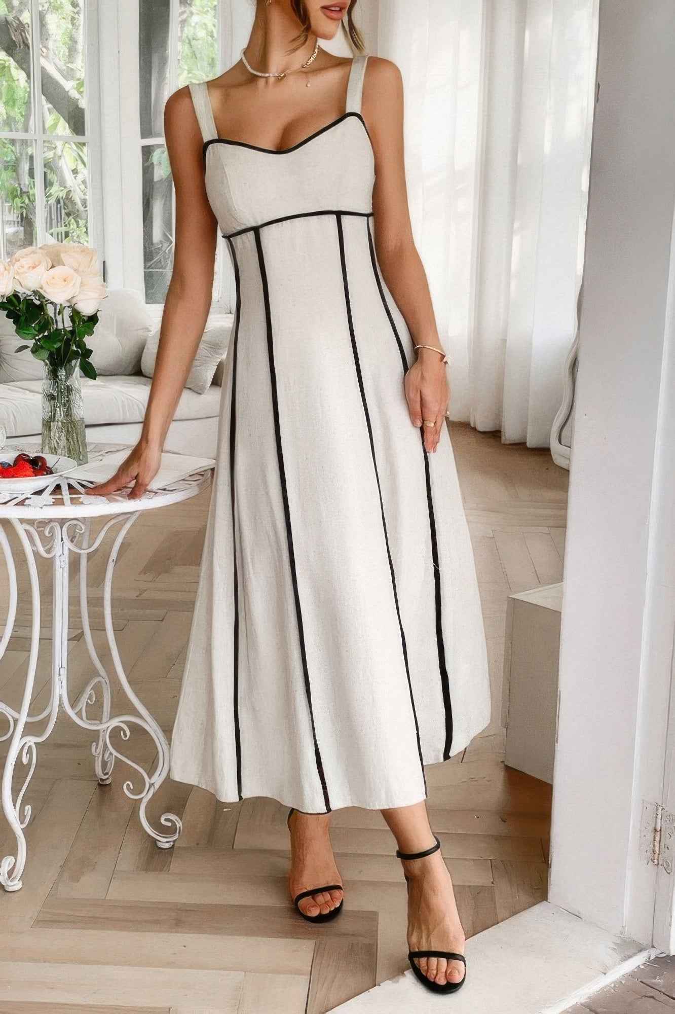 Strip Contrast Binding Linen Blend Cami Dress