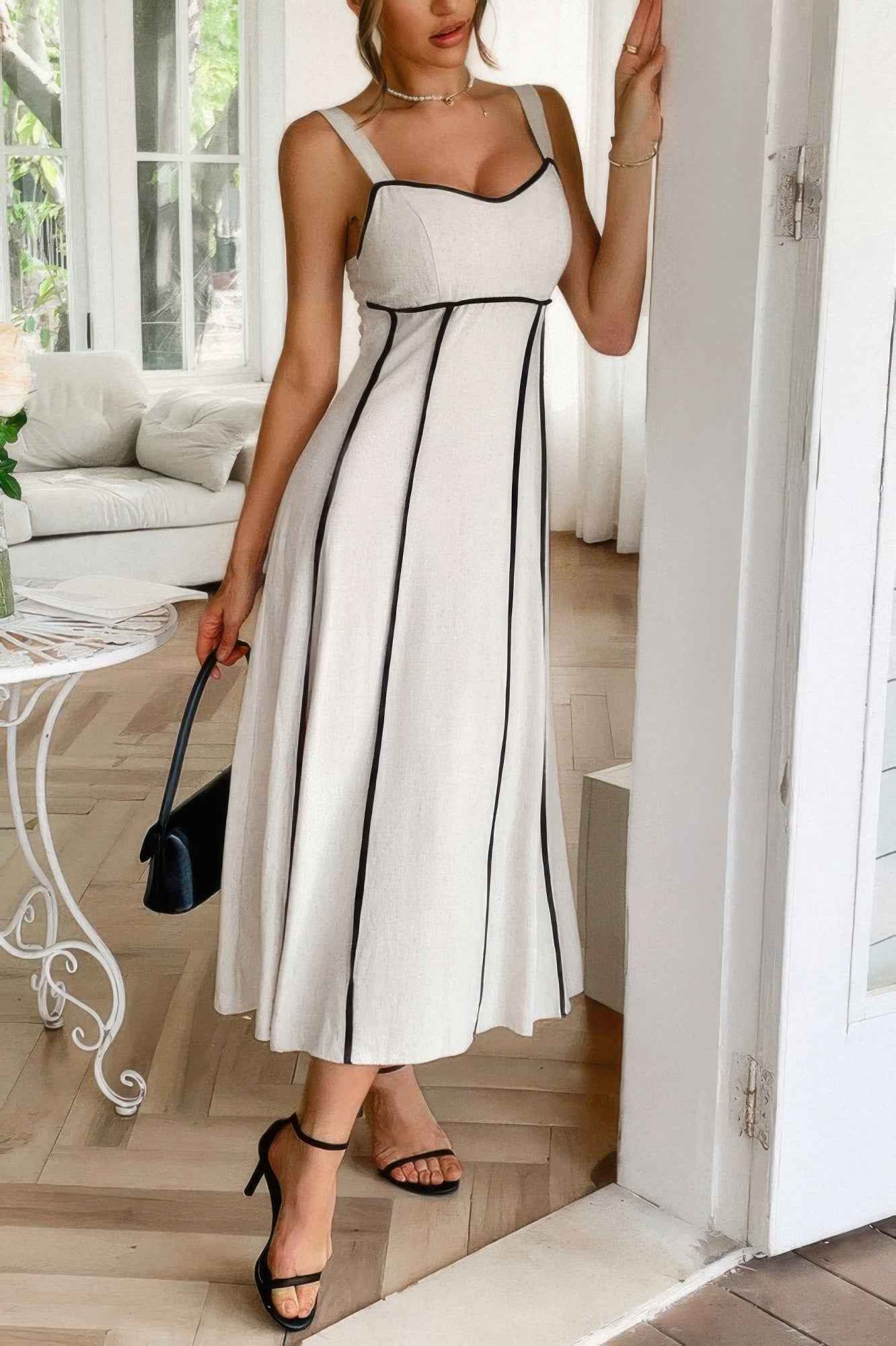 Strip Contrast Binding Linen Blend Cami Dress