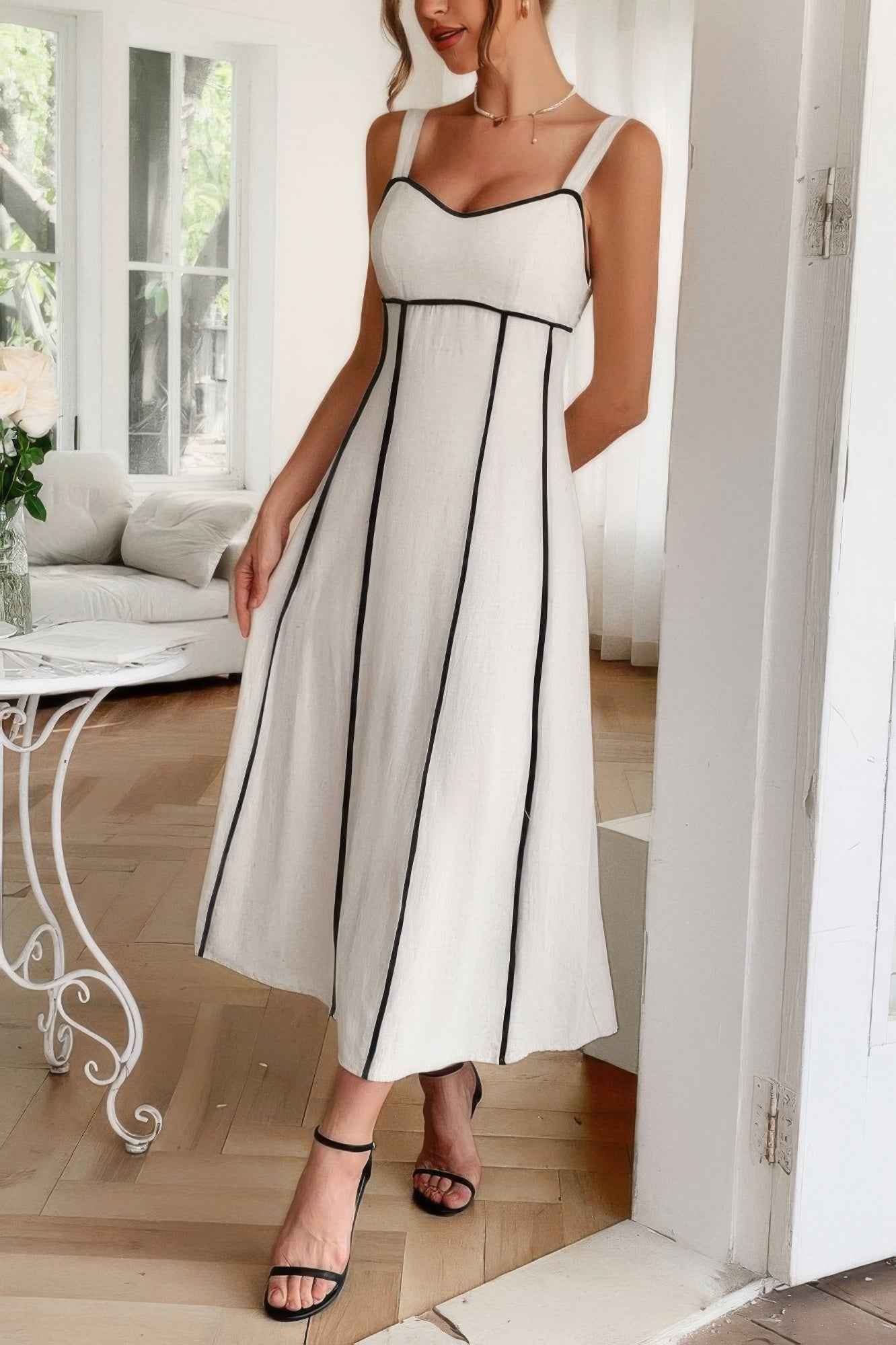 Strip Contrast Binding Linen Blend Cami Dress