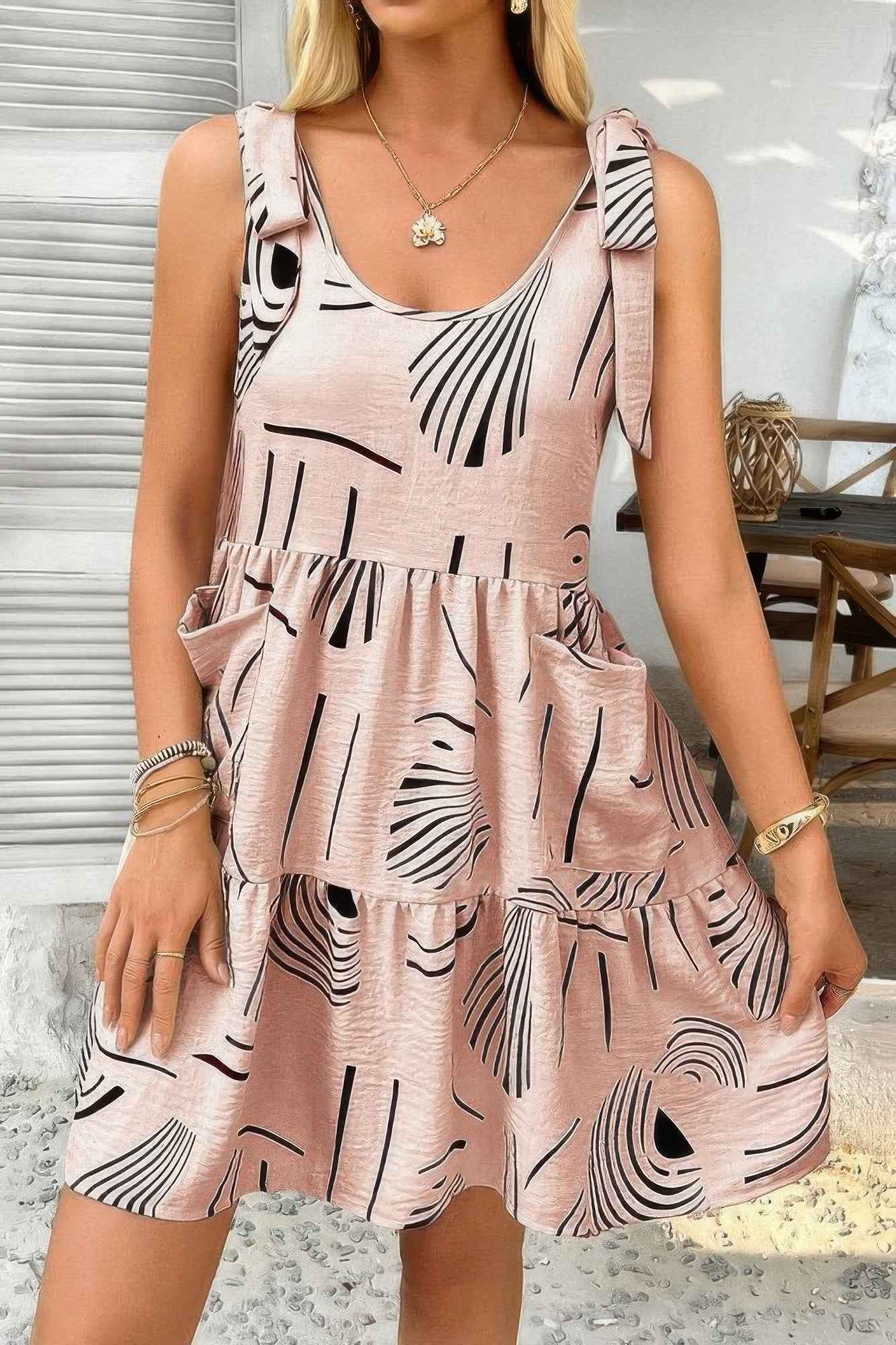 Abstract Printed Round Neck Pockets A-line Dress