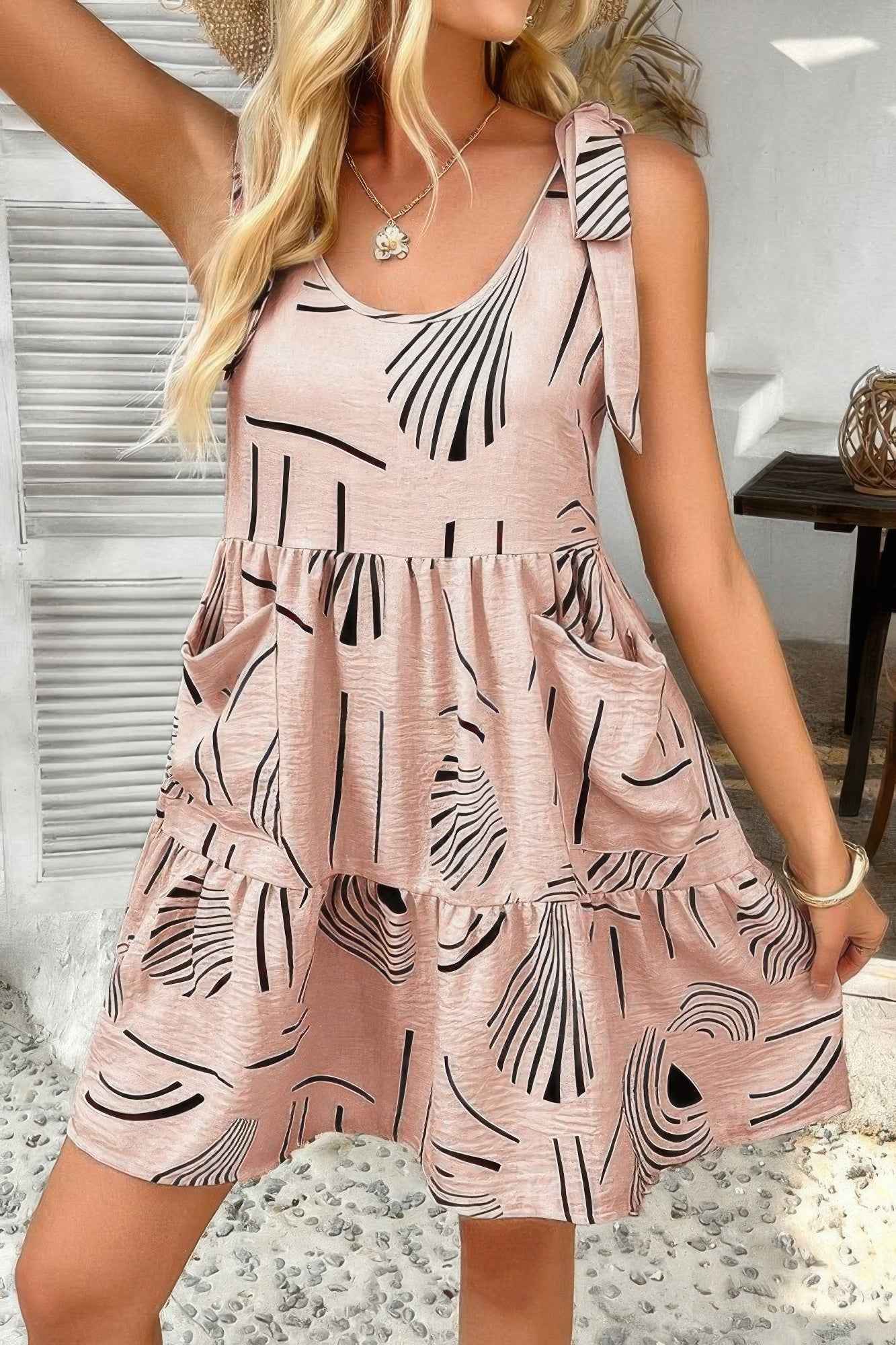 Abstract Printed Round Neck Pockets A-line Dress