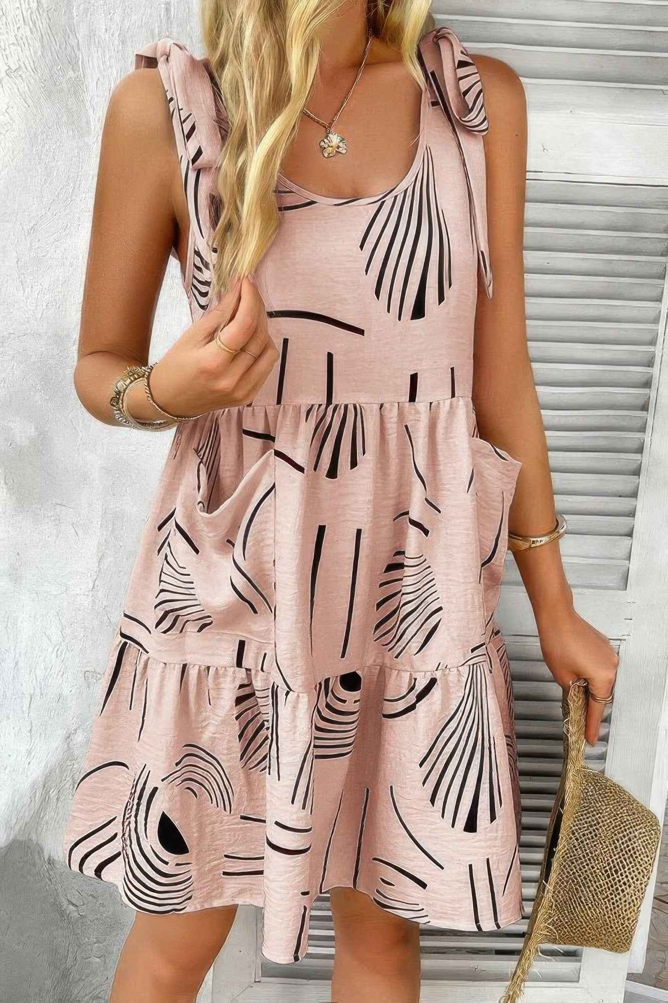 Abstract Printed Round Neck Pockets A-line Dress