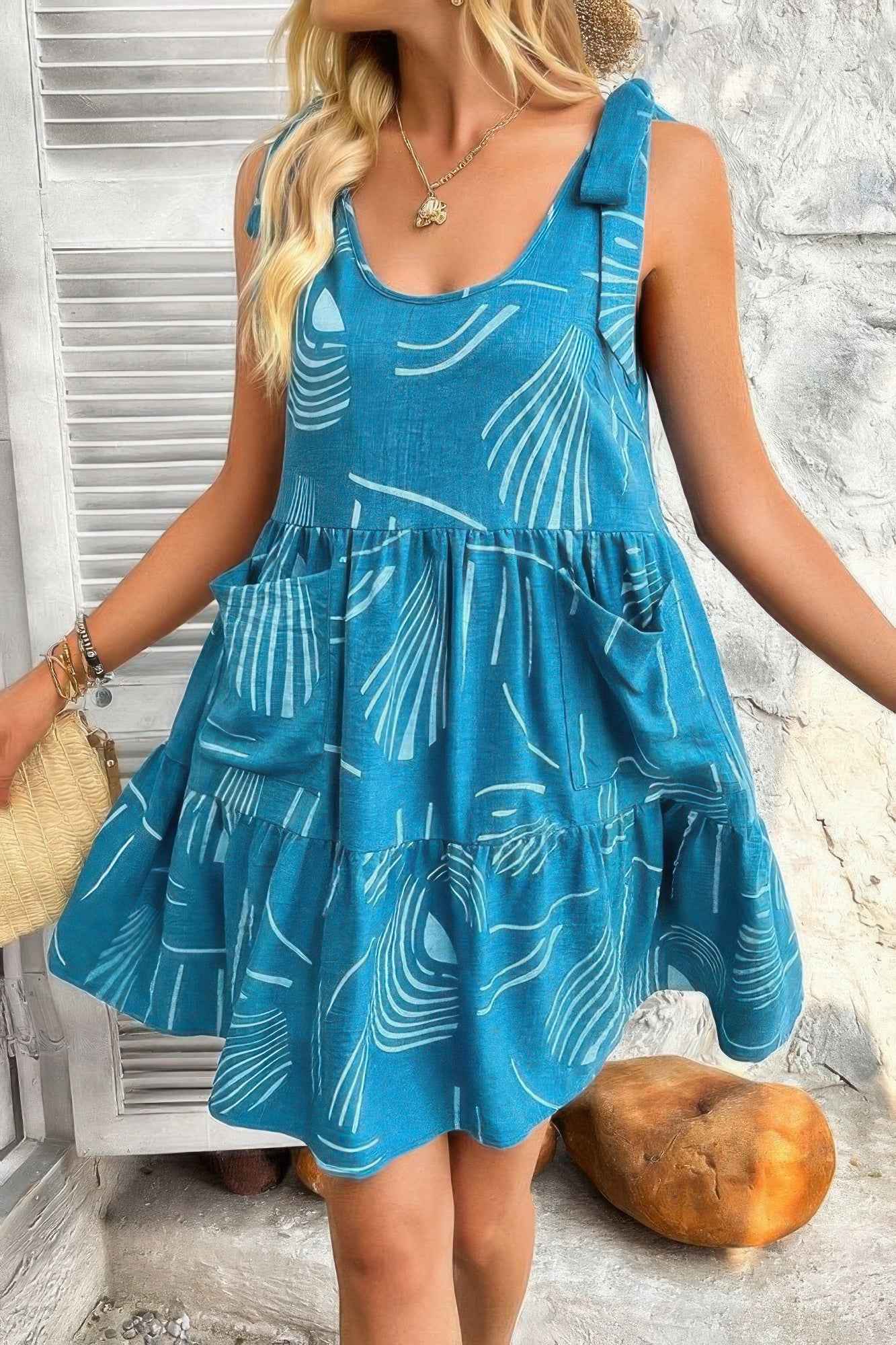 Abstract Printed Round Neck Pockets A-line Dress