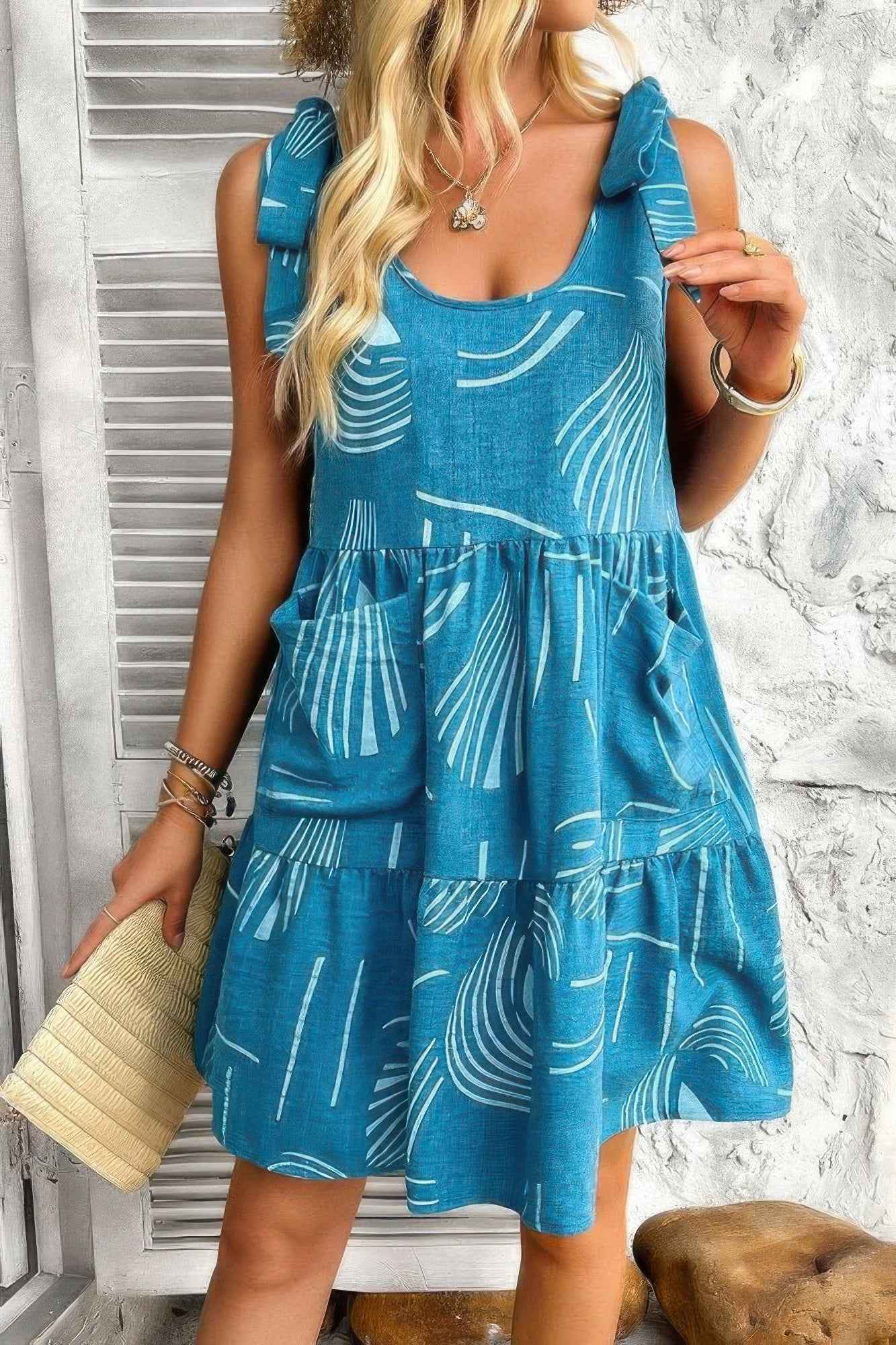 Abstract Printed Round Neck Pockets A-line Dress