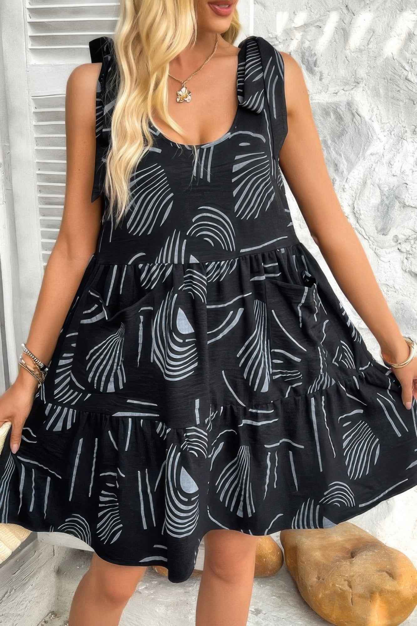 Abstract Printed Round Neck Pockets A-line Dress