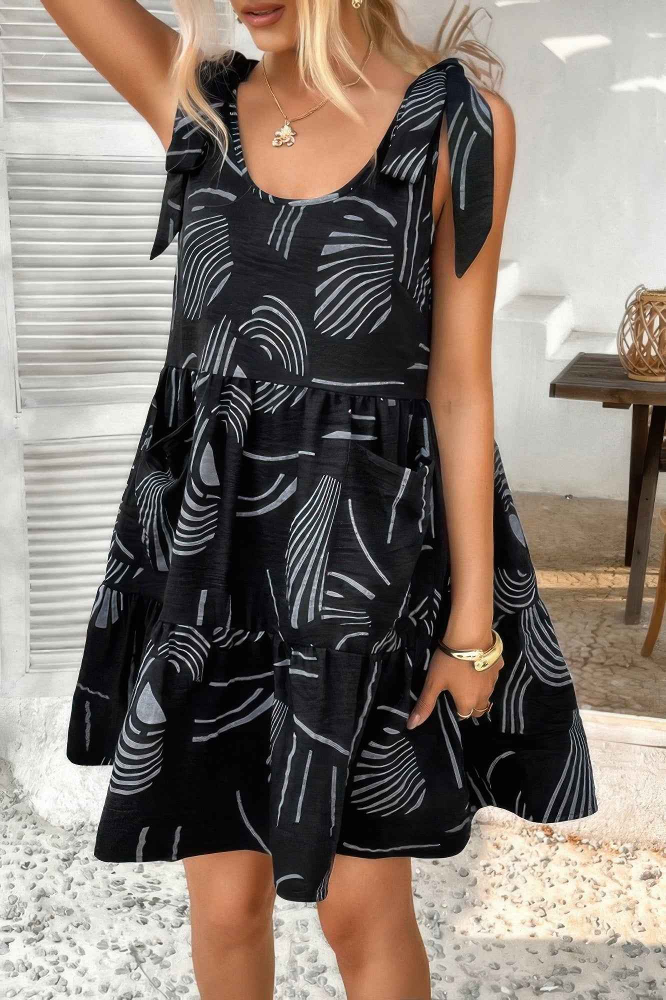Abstract Printed Round Neck Pockets A-line Dress
