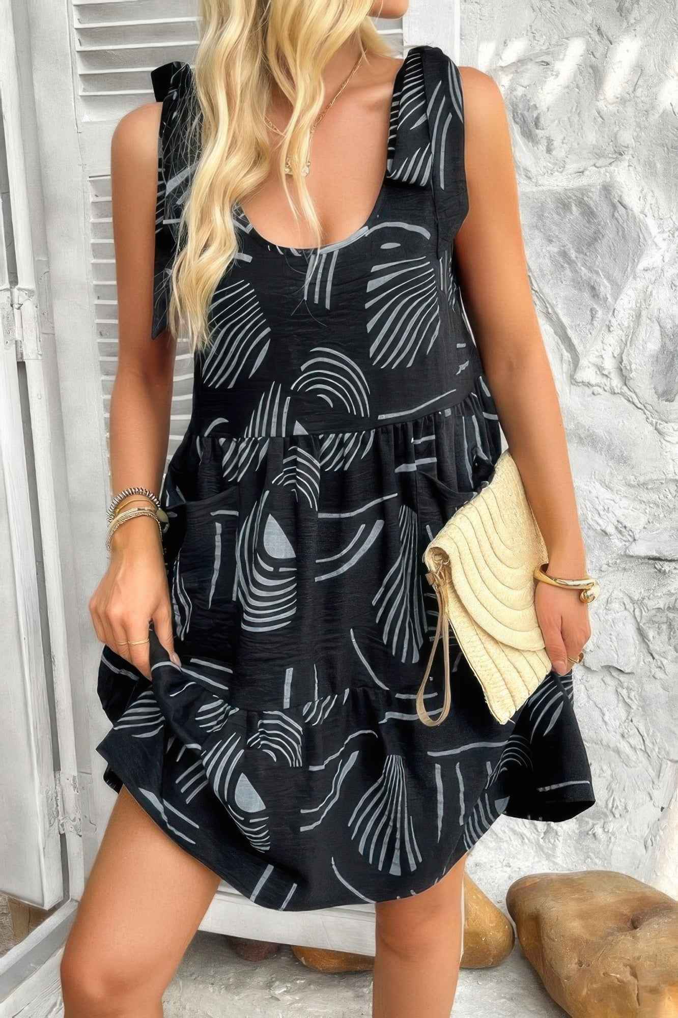 Abstract Printed Round Neck Pockets A-line Dress