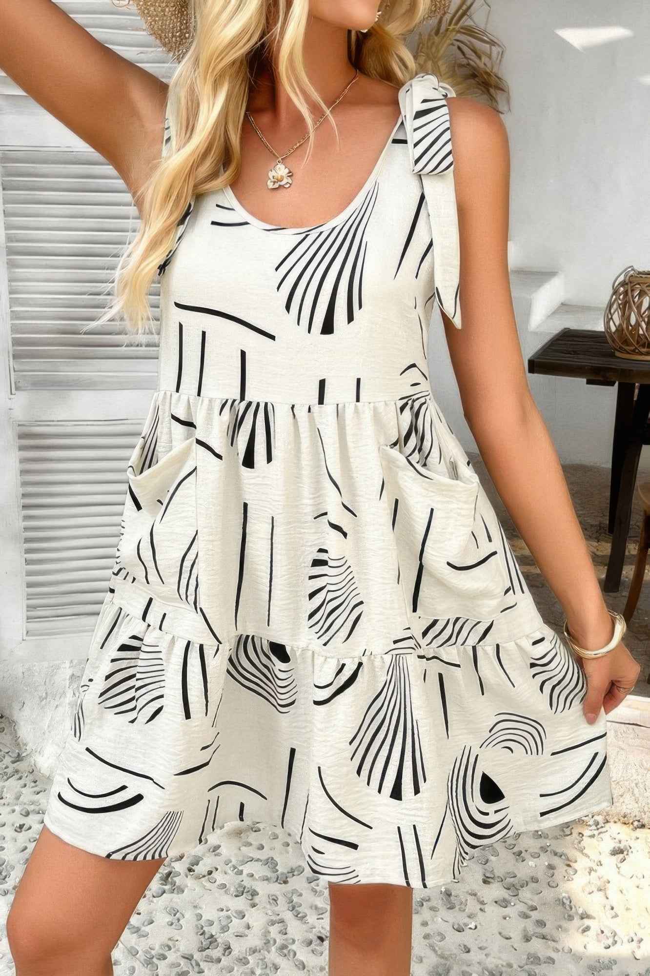 Abstract Printed Round Neck Pockets A-line Dress