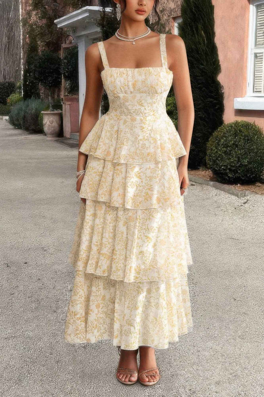 Floral Sleeveless Tie Back Tiered Full Dress