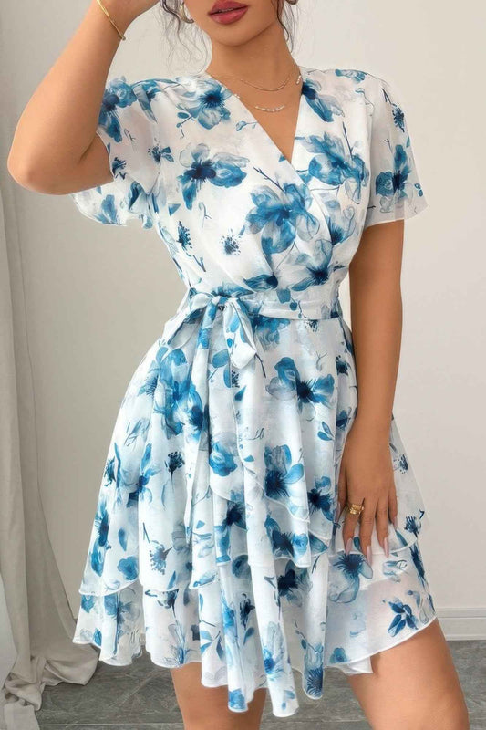 Floral V Neck Ruffle Sleeve Tie Belt Dress
