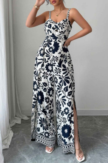 Floral Print High Waist Split Wide Leg Fit Jumpsuit