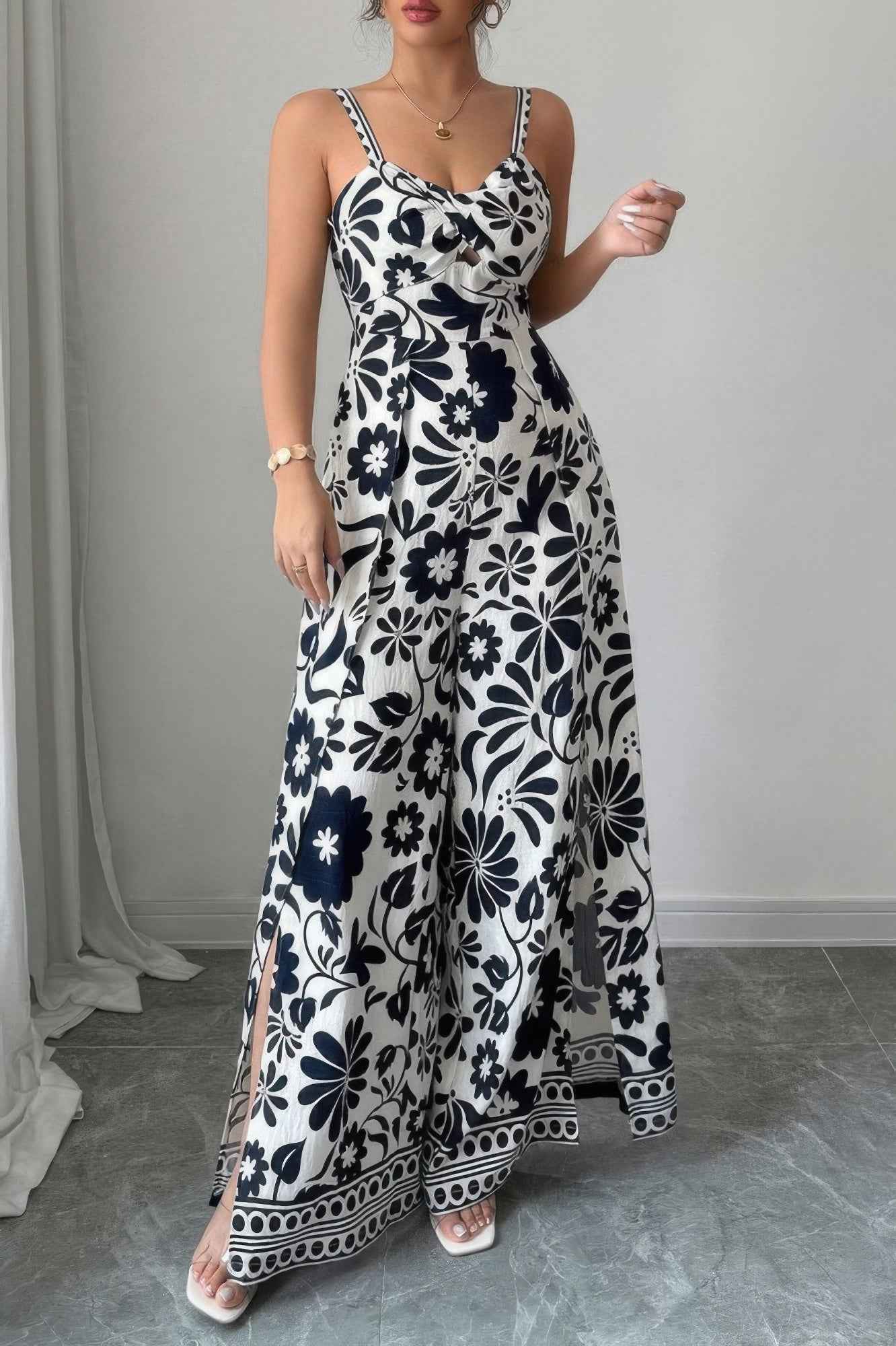 Floral Print High Waist Split Wide Leg Fit Jumpsuit