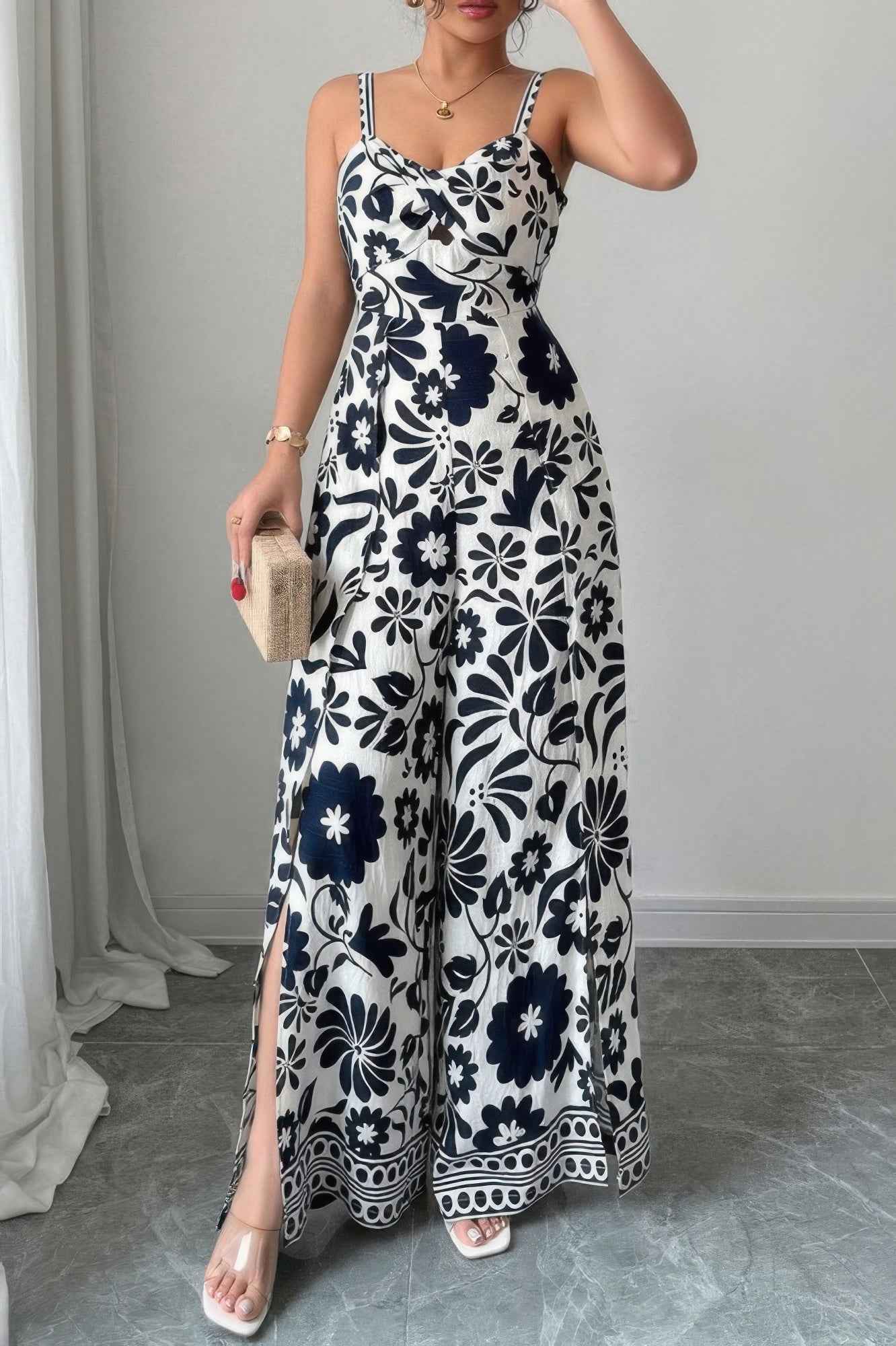 Floral Print High Waist Split Wide Leg Fit Jumpsuit