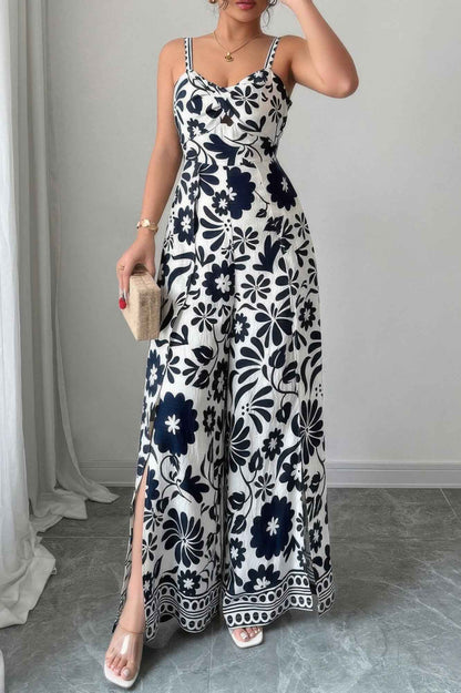 Floral Print High Waist Split Wide Leg Fit Jumpsuit