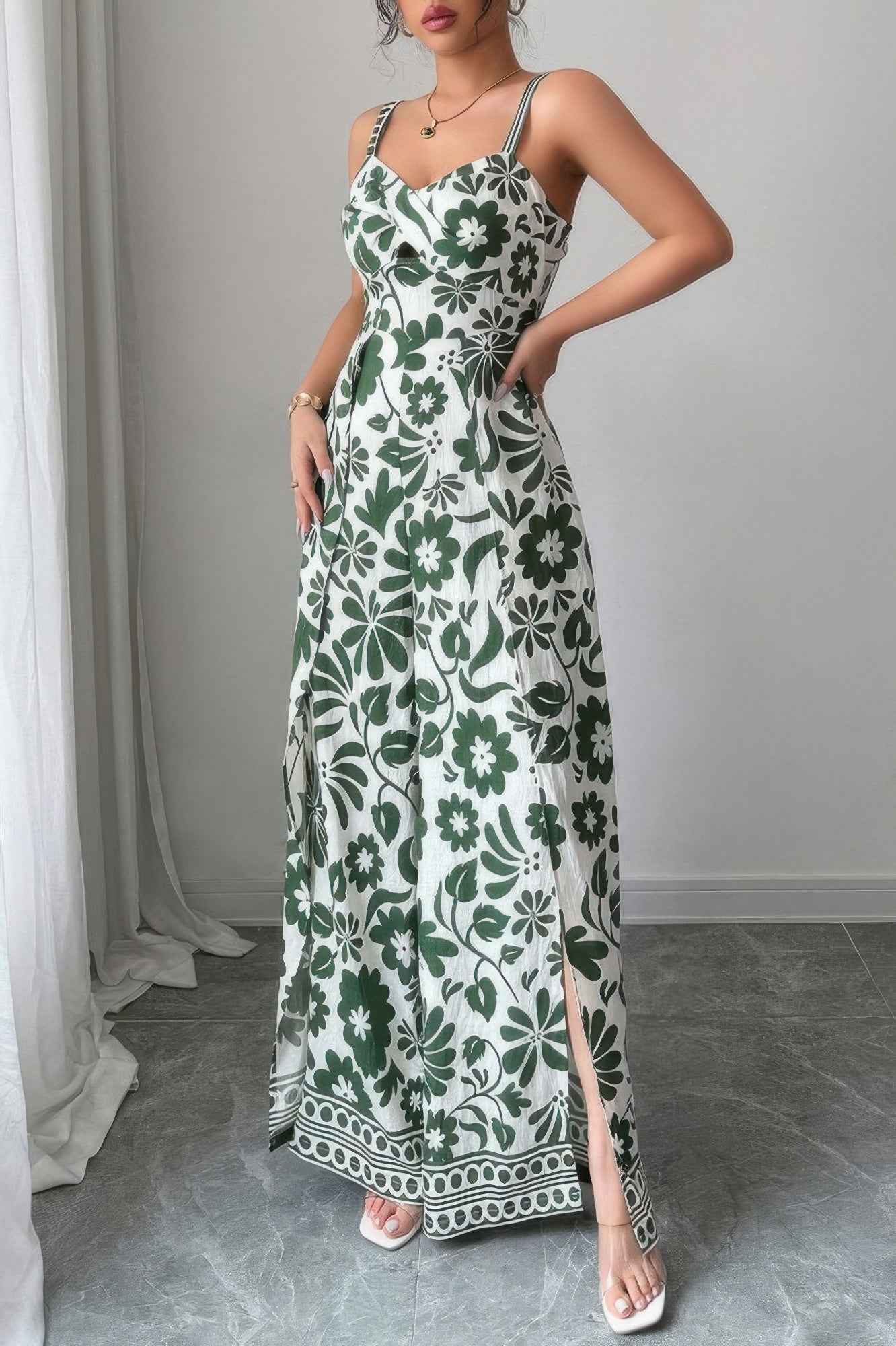 Floral Print High Waist Split Wide Leg Fit Jumpsuit